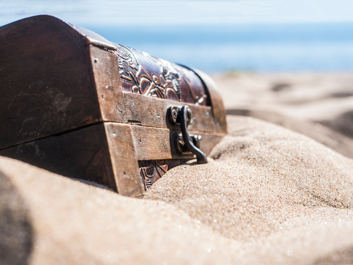 Locked chest in the sand on the beach