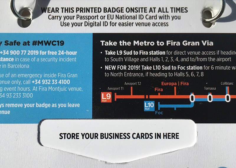 A detail view of the cards visit holder space in the back of the MWC19 visitor's badge