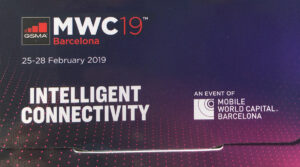 MWC19 Detail of the attendee badge showing the theme "Intelligent Connectivity"