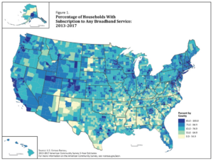 Density of broadband service in the US, by county