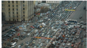 Moscow traffic jam taken from Smolensky Square