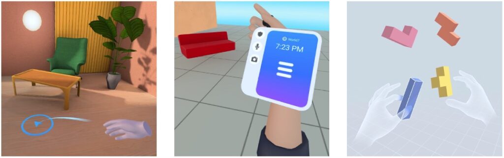 This graphic shows three screenshots from VR apps on the Meta Quest 2 headset