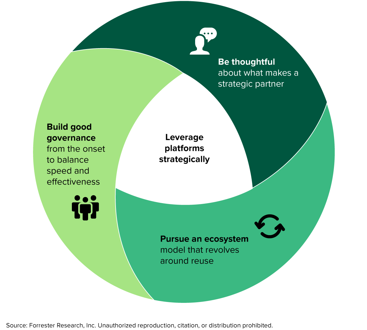 This figure depicts a smaller circler within a larger circle. The smaller, center circle states "Leverage platforms strategically." The surrounding circle is divided into 3 sections that state 'Build good governance', 'Be thoughtful', 'Pursue an ecosystem.'