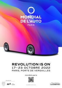 The 2023 Paris Motor Show Poster reads "Revolution is on" 