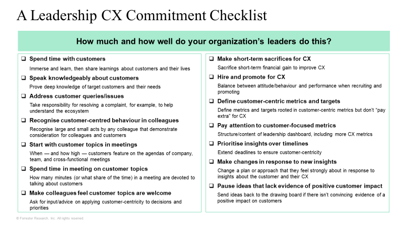 Leadership commitment checklist. how much and how well do your organization's leaders do this? 1) Spend time with customers (Immerse and learn, then share learnings about customers and their lives); 2) Speak knowledgeably about customers (Prove deep knowledge of target customers and their needs); 3) Address customer queries/issues (Take responsibility for resolving a complaint, for example, to help understand the ecosystem); 5) Recognise customer-centred behaviour in colleagues (Recognise large and small acts by any colleague that demonstrate consideration for colleagues and customers); 6) Start with customer topics in meetings (When — and how high — customers feature on the agendas of company, team, and cross-functional meetings); 7) Spend time in meeting on customer topics (How many minutes (or what share of the time) in a meeting are devoted to talking about customers); 8) Make colleagues feel customer topics are welcome (Ask for input/advice on applying customer-centricity to decisions and priorities); 9) Make short-term sacrifices for CX (Sacrifice short-term financial gain to improve CX); 11) Hire and promote for CX (Balance between attitude/behaviour and performance when recruiting and promoting); 12) Define customer-centric metrics and targets (Define metrics and targets rooted in customer-centric metrics but don’t “pay extra” for CX); 13) Pay attention to customer-focused metrics (Structure/content of leadership dashboard, including more CX metrics); 14) Prioritise insights over timelines (Extend deadlines to ensure customer-centricity); 15) Make changes in response to new insights (Change a plan or approach that they feel strongly about in response to insights about the customer and their CX); 16) Pause ideas that lack evidence of positive customer impact (Send ideas back to the drawing board if there isn’t convincing evidence of a positive impact on customers)