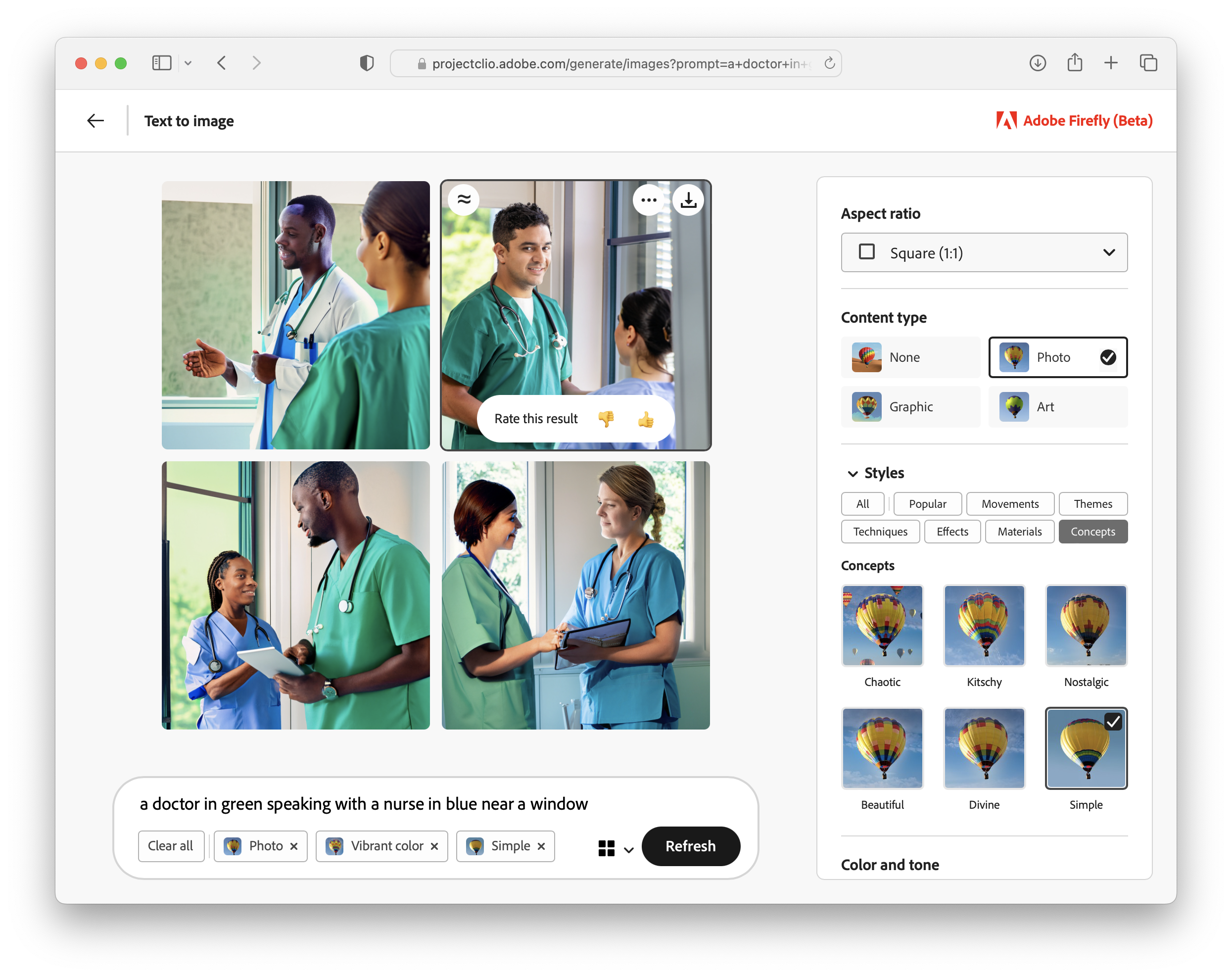 Adobe Firefly screenshot showing a batch of four photos generated by the prompt "a doctor in green speaking with a nurse in blue near a window"