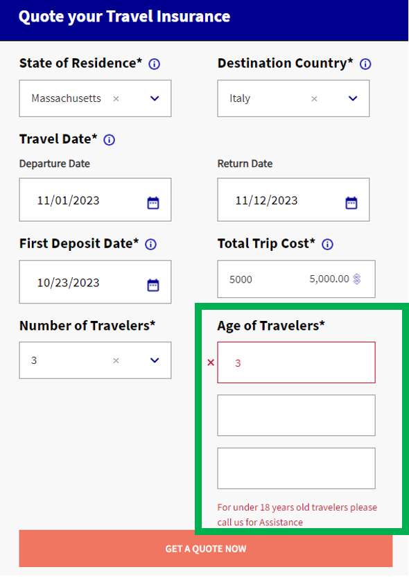 Screenshot of a travel insurance provider's online quote form