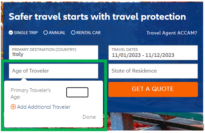 Screenshot of a travel insurance website's quote form with a prompt to enter the age of the primary traveler