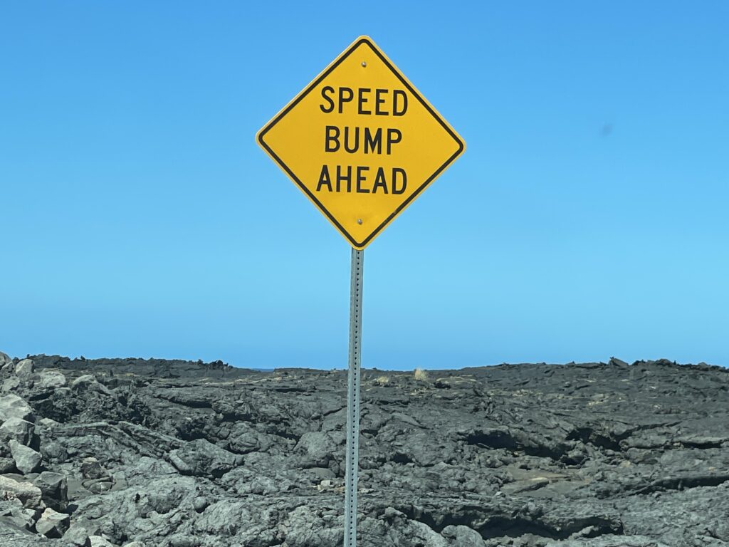 A field of jagged rocks with a yellow sign with black text saying "Speed Bump Ahead".