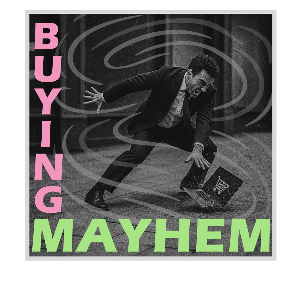 Album cover that depicts a distressed man surrounded by stylized motion lines whose laptop fell on the ground and broke. The album cover is titled, "Buying Mayhem" and evokes the challenge B2B sellers must overcome.