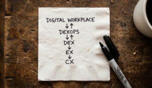 Image of ideation sketch on a napkin of how DEXOps connects the digital workplace to customer experience.