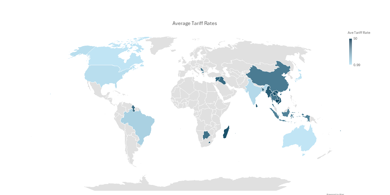 World map showing average tariff rates by country, with darker blue indicating higher tariffs and lighter blue indicating lower tariffs.