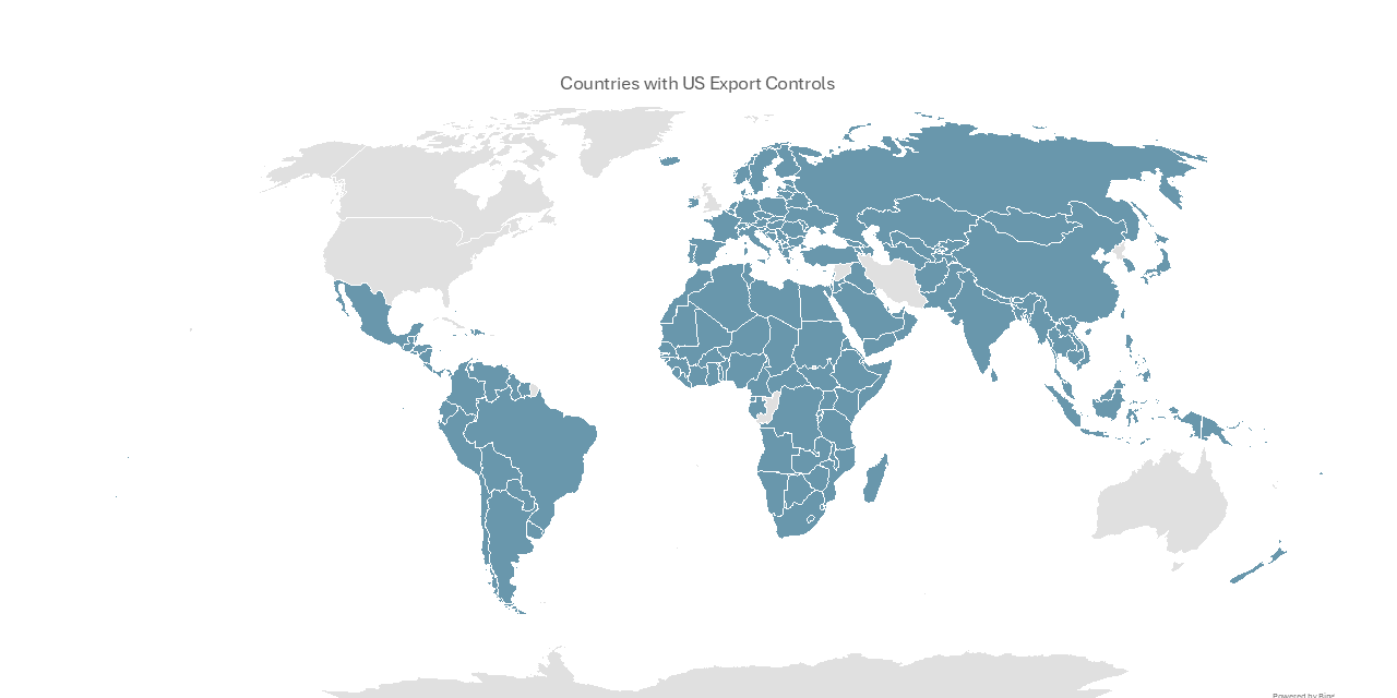 World map highlighting countries subject to U.S. export controls, shown in shaded blue against a gray background.