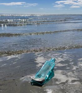 Bottle in the sand in the ocean.