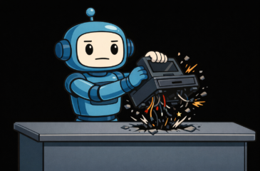 A blue robot ribs out and destroys a cash register