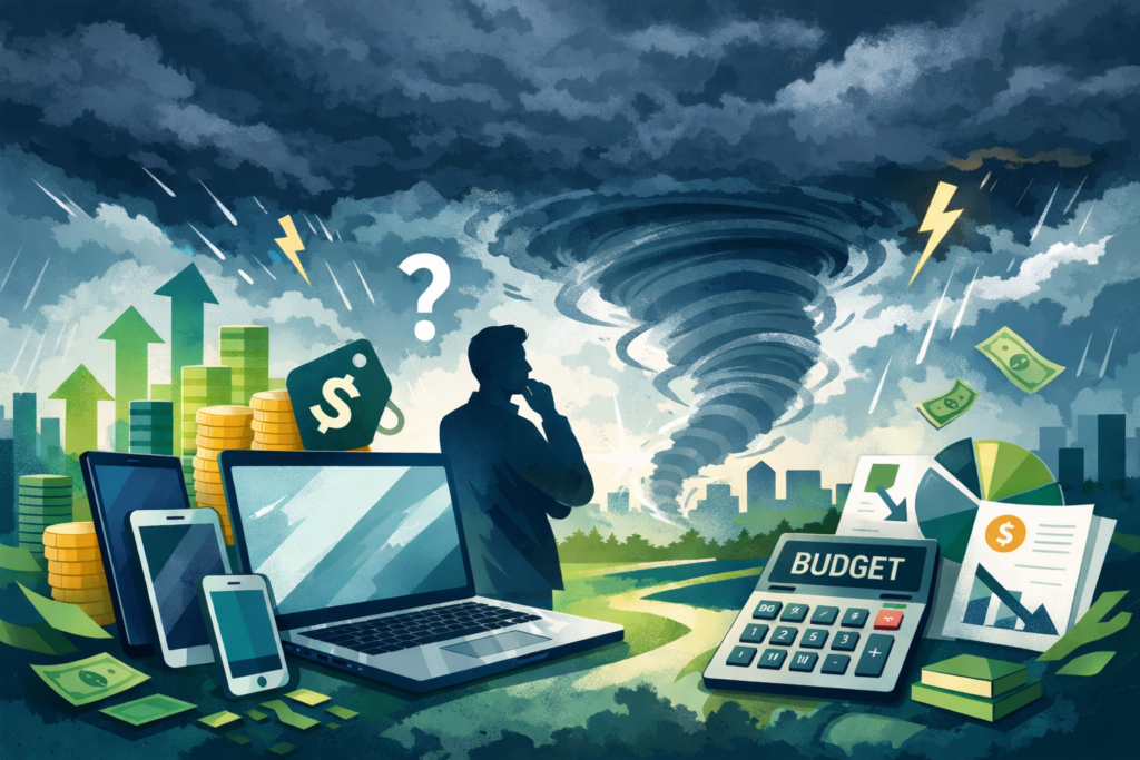 An illustration of a storm approaching while an IT leader looks on and contemplates how to control laptop spend amid growing costs. 