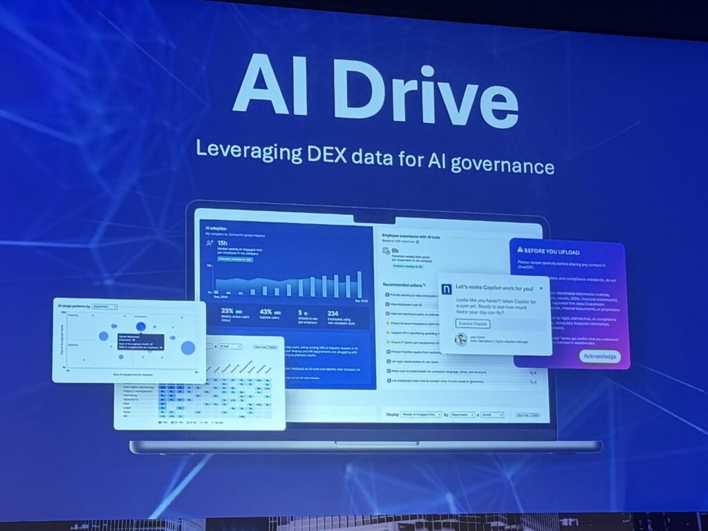 Several screen shots of Nexthink's AI Drive showing AI governance capabilities.