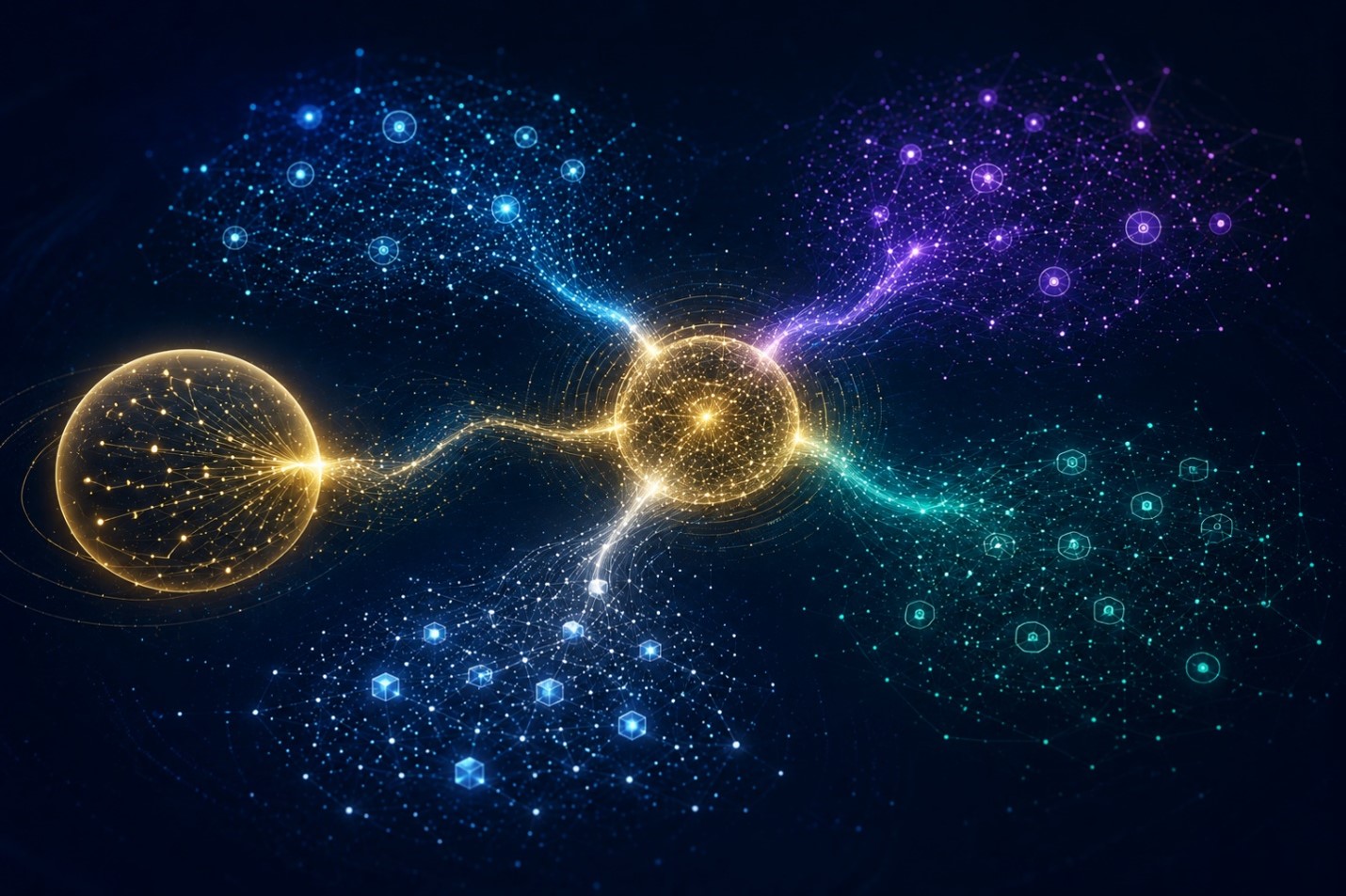 Abstract network graphic showing interconnected digital ecosystems linked through a central hub.