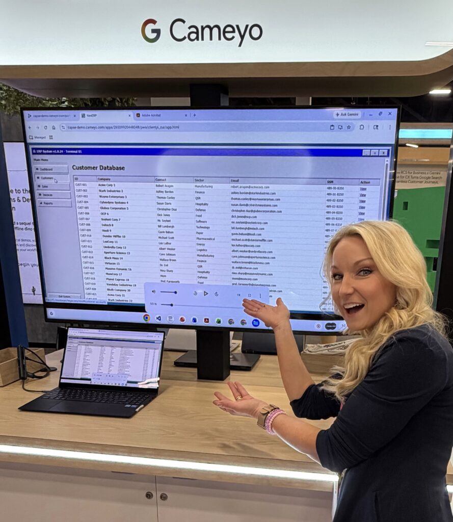 Analyst Christy Punch is standing next to a screen showing a legacy application viewed through Google's Cameyo product.