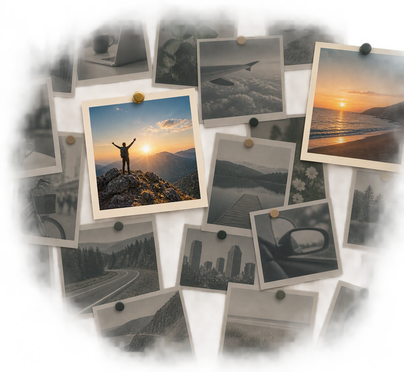 a copilot created image showing a pinboard with all kinds of images but only the high moment and the end are highlighted