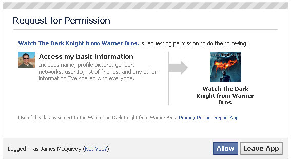 Screen shot of facebook request to share data with Warner Brothers
