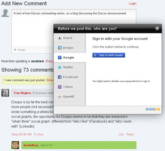 Disqus is used to drive discussion and comments on Fred Wilson's aVC blog