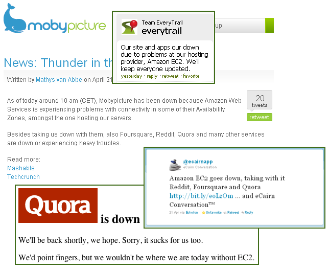 Many startups, including Quora, AnyTrail, eCairn, and MobyPicture, blame Amazon.com for their downtime.