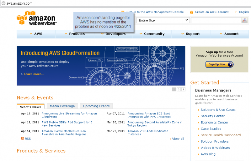 Amazon Web Services (EC-2)'s landing page has no mention of the outage