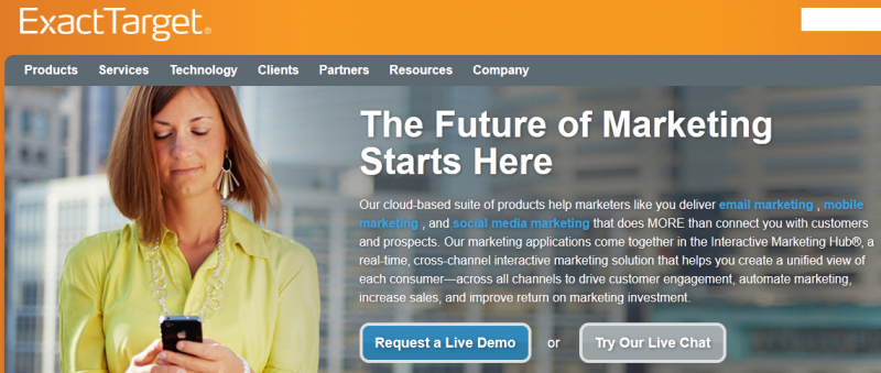 A section of ExactTarget's home page, showing their emphasis on social