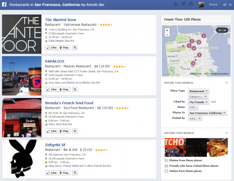 Facebook Graph Search: Restaurants in San Francisco my friends like